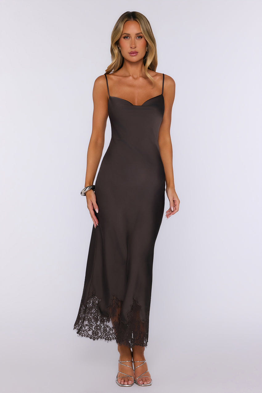 Pretty In Charge Satin Maxi Dress Brown