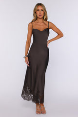 Pretty In Charge Satin Maxi Dress Brown
