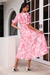 Statement To Make Puff Sleeve Midi Dress Pink