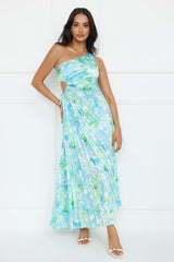Emerald Ice One Shoulder Satin Pleated Maxi Dress Blue