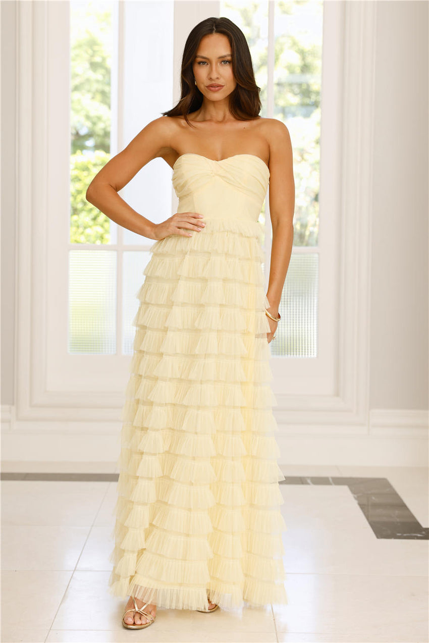 Lovers In Paris Strapless Tulle Maxi Dress Yellow