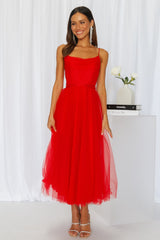 Signal My Way Tulle Midi Dress Red