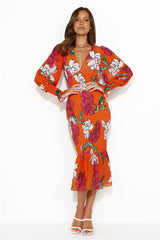 Fiesta Vibes Puff Sleeve Midi Dress Orange