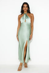 High Shine Nights Halter Satin Maxi Dress Sage