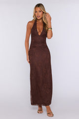 Consider It Done Lace Halter Maxi Dress Brown