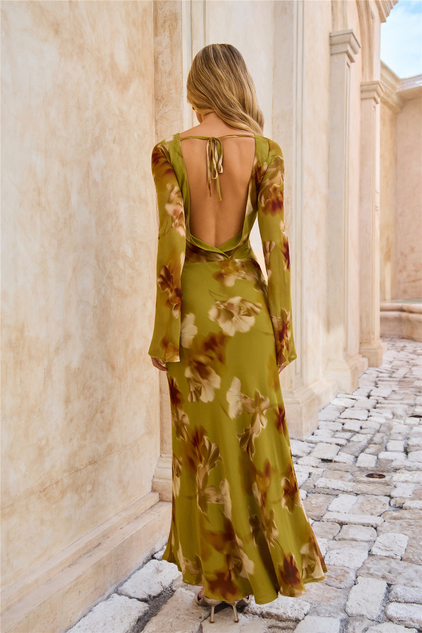 Petal Season Long Sleeve Maxi Dress Olive Floral