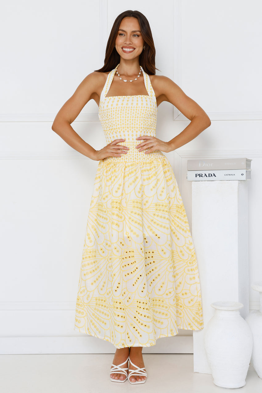 Leona Halter Embroidered Maxi Dress Yellow