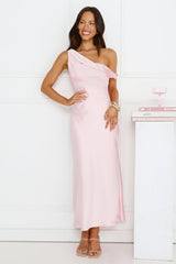 Stylish Season Off Shoulder Satin Midi Dress Pink