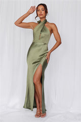 The Adeline Halter Satin Maxi Dress Olive
