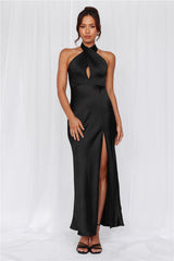 The Adeline Halter Satin Maxi Dress Black